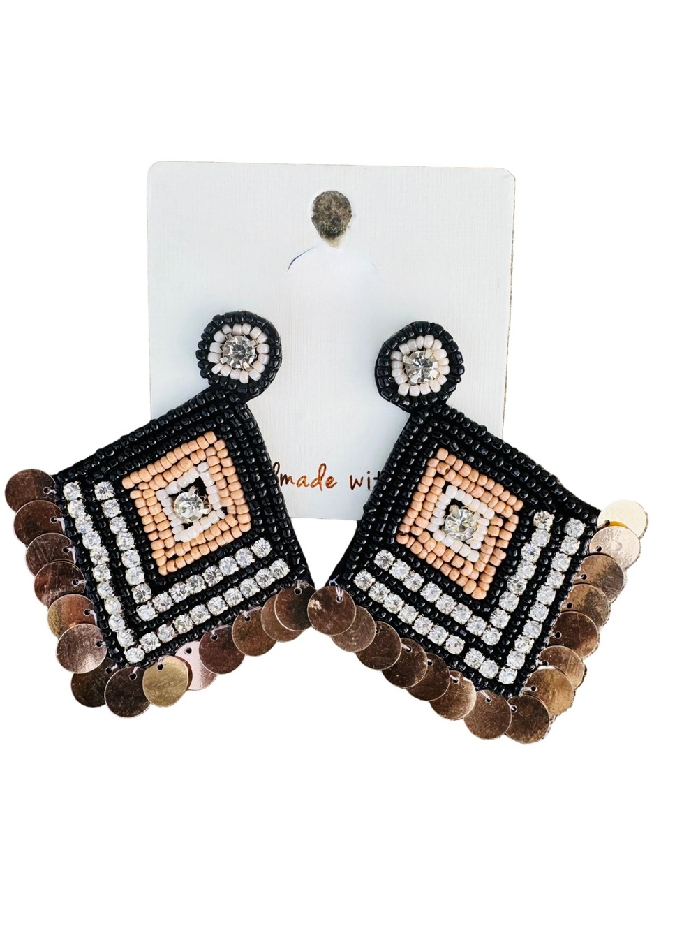 Boho Sequins Drop Beaded Earrings- Black